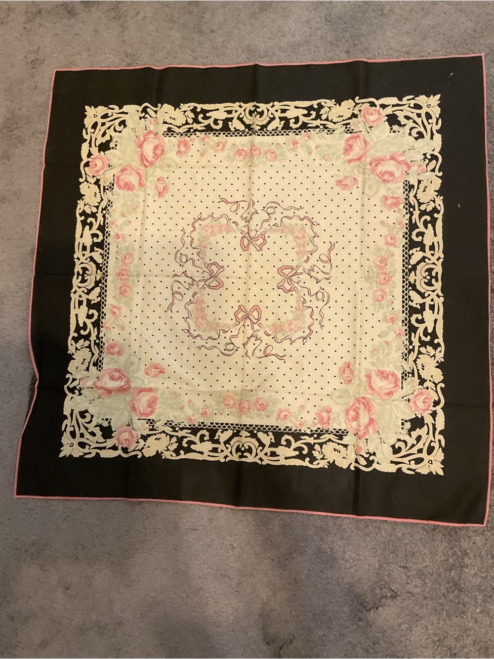 Laura Ashley Black and Cream Floral Square Scarf with Pink Trim